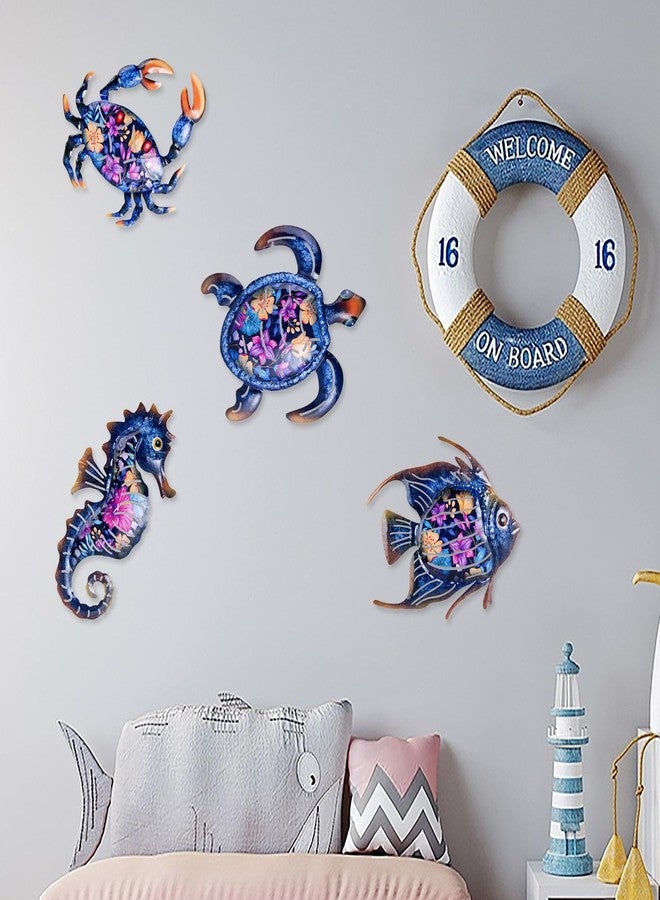 SUNREEK 4Pcs Metal Ocean Wall Decor, Blue Turtle Fish Crab Seahorse Wall Art for Coast Beach Pool Yard Fence Garden Bathroom Decoration (Ocean-A) - Image 4